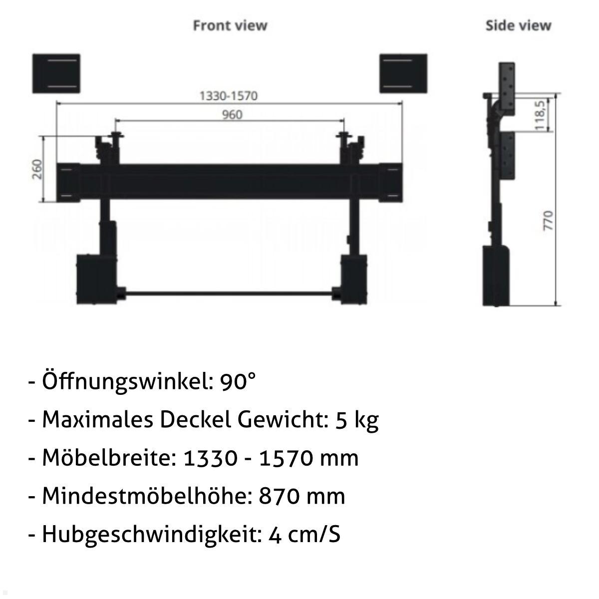 MonLines MLS017B TV Lift bis 50 Zoll, drehbar 90L / 225R, automatische Klappe, Maße