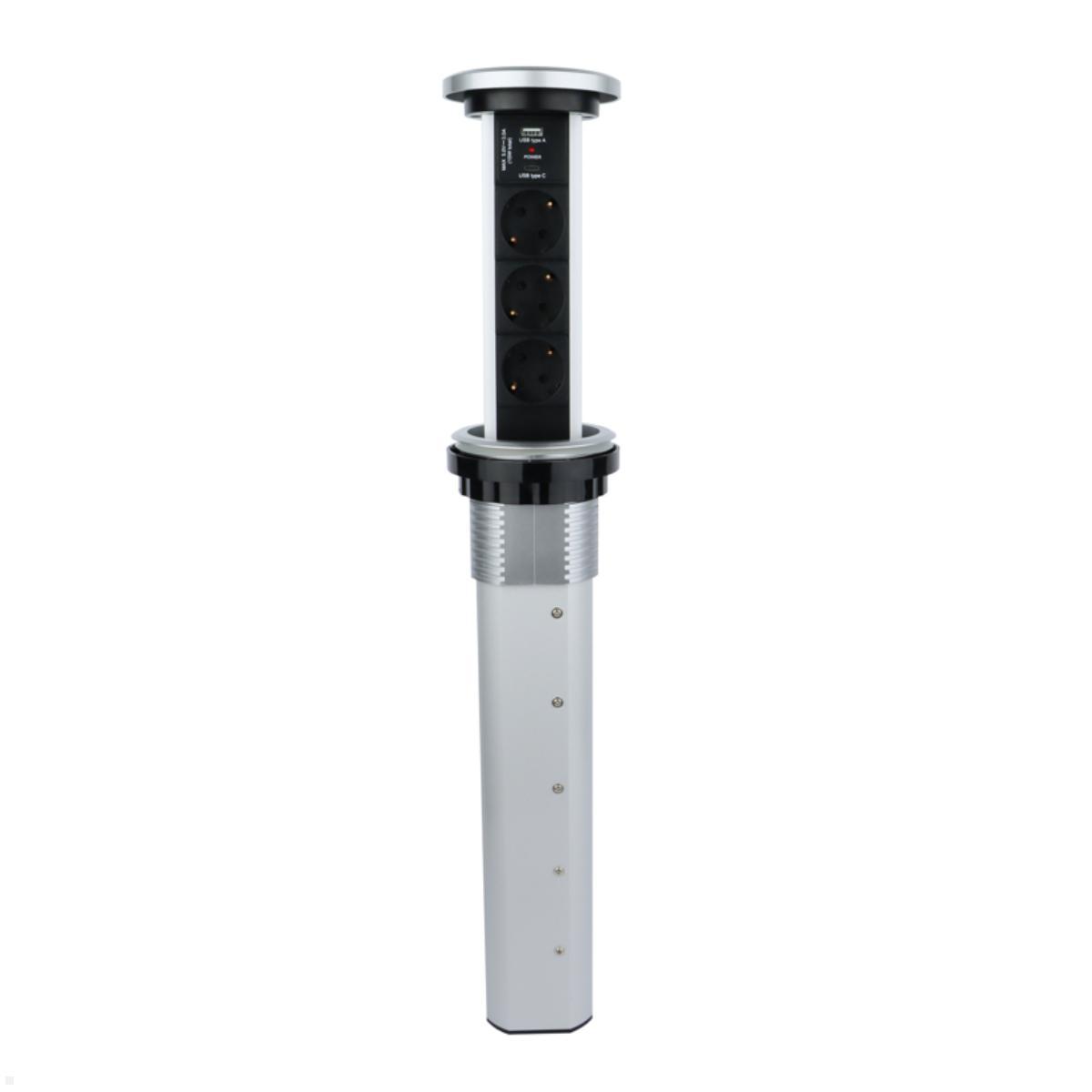 TecLines TVS006S versenkbare 3-fach Steckdosenleiste mit USB A/C, Qi, silber, ausfahrbare Steckdose