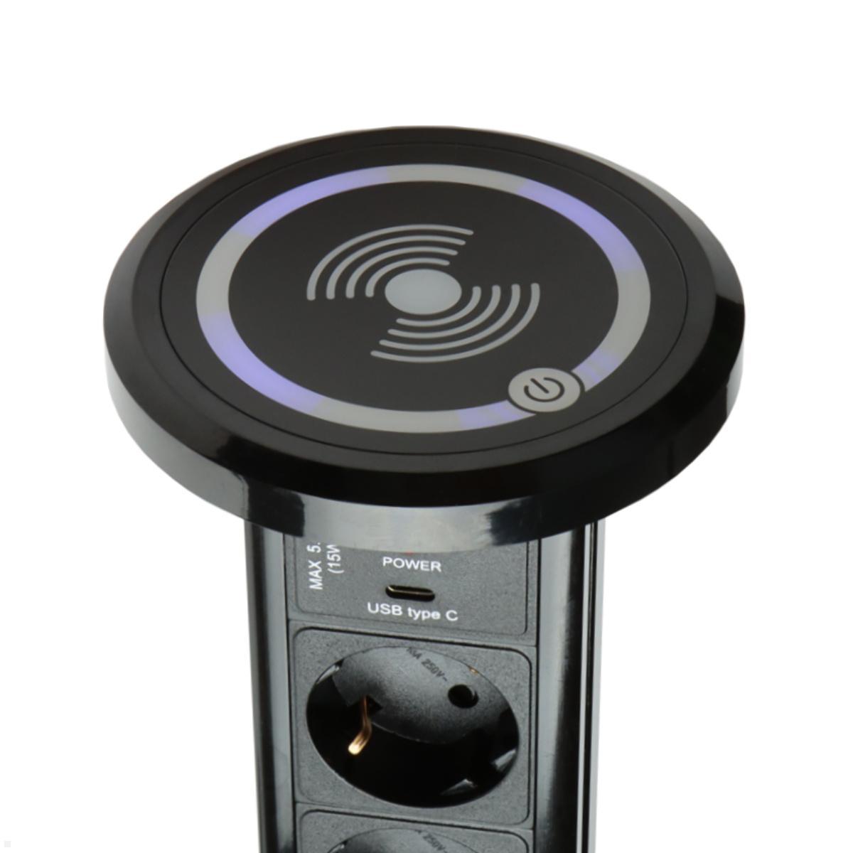 TecLines TVS006B versenkbare 3-fach Steckdosenleiste mit USB A/C, Qi