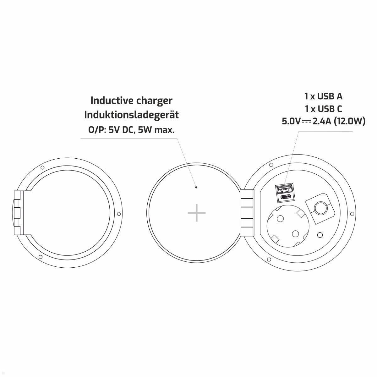 Einbausteckdose mit USB und Qi Ladegerät, TecLines TES005B