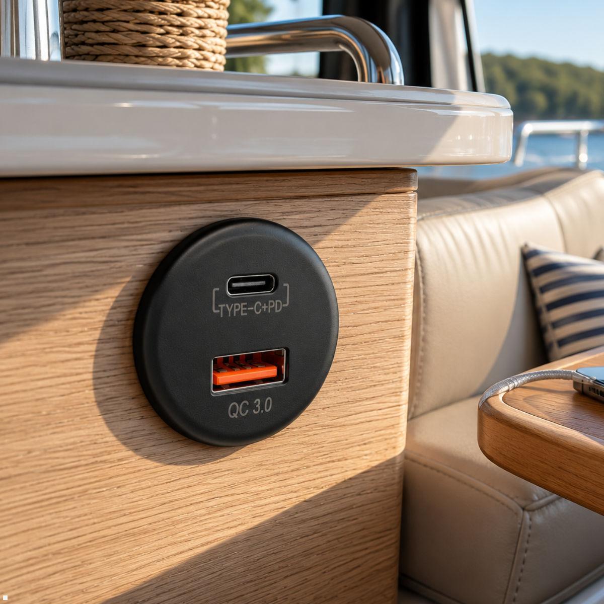 Comount Dual USB-Einbaucharger mit USB-A/C, offene Kabelenden, Einbauladegerät Caravan Boot