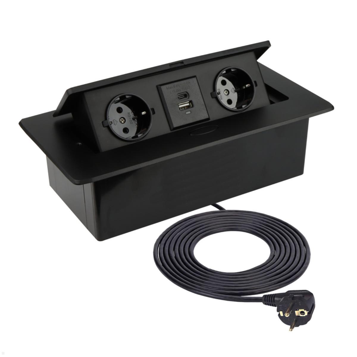 TecLines TES010B 2-fach Einbausteckdose mit USB-Charger, 1,5m Kabel, schwarz