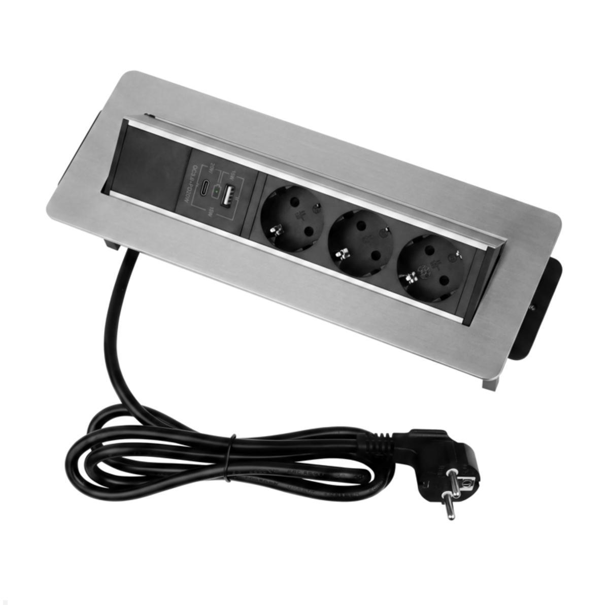 TecLines TES021E 3-fach Einbausteckdose mit USB A+C, Edelstahl, Möbelsteckdose flacher Einbau