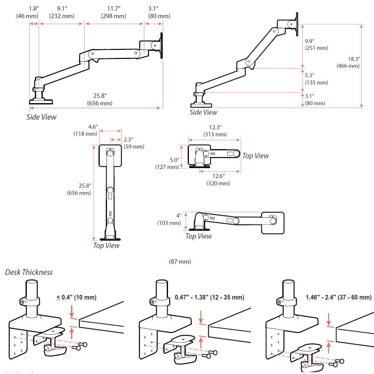 Ergotron LX Pro Monitor Tischhalterung schwenkbar bis 34 Zoll für USM Tische, Maße