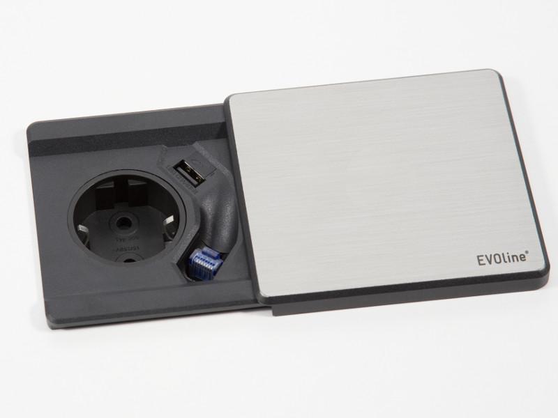 EVOline Square80 Einbausteckdose 1x Schuko mit USB und CAT6 Patchkabel Edelstahl-Optik EVOline Square80 Einbausteckdose 1x Schuko mit USB und CAT6 Patchkabel Edelstahl-Optik