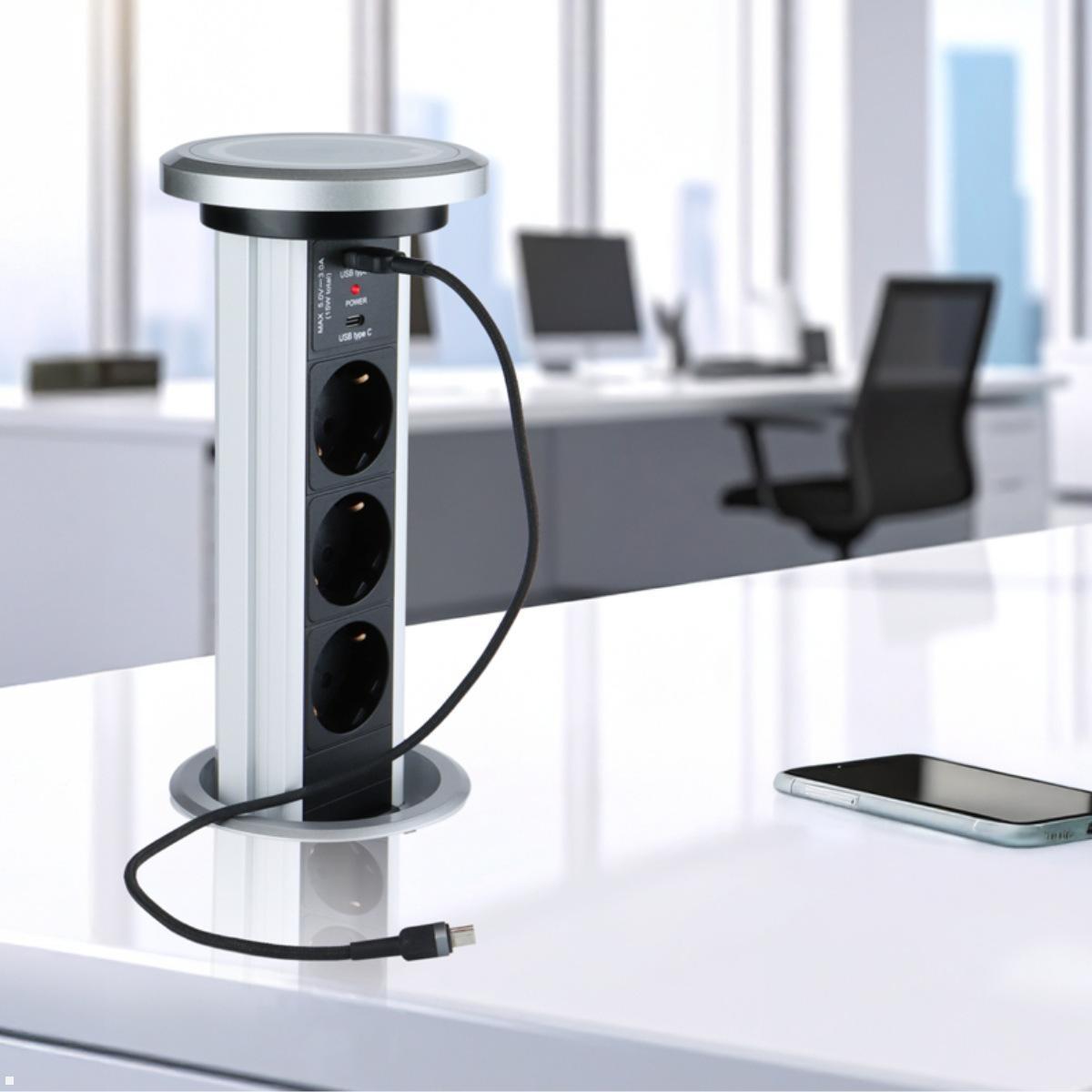 TecLines TVS006S versenkbare 3-fach Steckdosenleiste mit USB A/C, Qi, silber, Anwendungsbeispiel TecLines TVS006S versenkbare 3-fach Steckdosenleiste mit USB A/C, Qi, silber, Anwendungsbeispiel