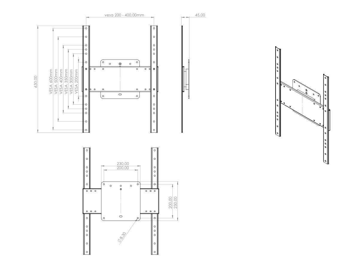 MonLines MWH011B drehbare TV Wandhalterung mit Pivot 37-80 Zoll, schwarz technische Zeichnung MonLines MWH011B drehbare TV Wandhalterung mit Pivot 37-80 Zoll, schwarz technische Zeichnung
