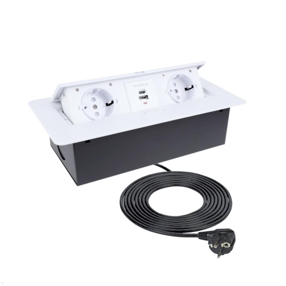 TecLines TES009W 2-fach Einbausteckdose mit USB A/C Charger, 3m Kabel, weiß TecLines TES009W 2-fach Einbausteckdose mit USB A/C Charger, 3m Kabel, weiß