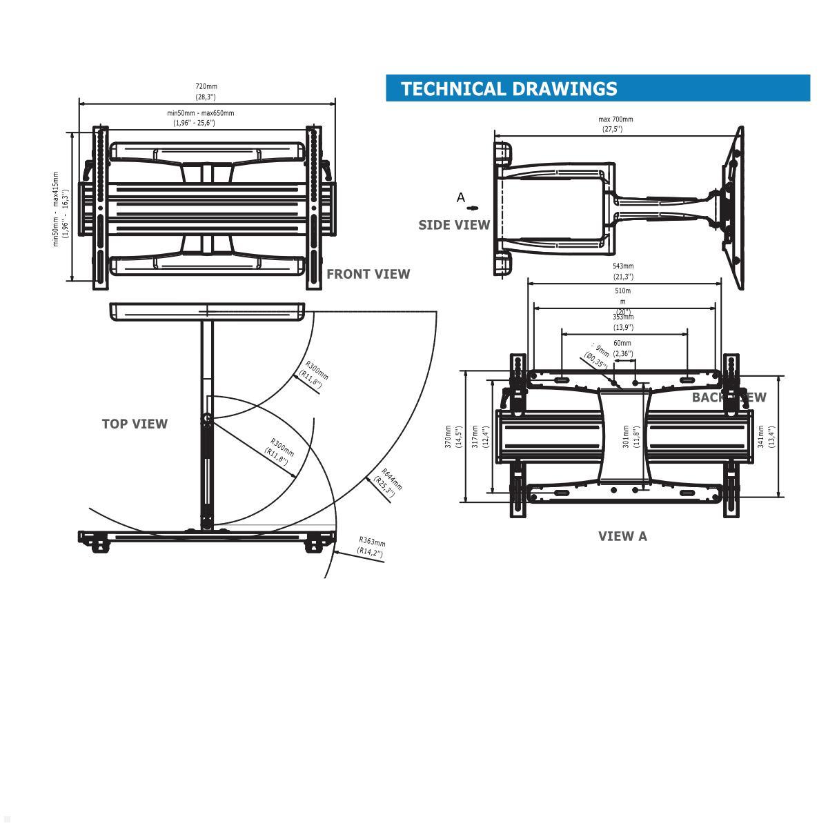 Edbak VSM653 schwenkbare TV Wandhalterung 49 - 65 Zoll, schwarz technische Zeichnung Edbak VSM653 schwenkbare TV Wandhalterung 49 - 65 Zoll, schwarz technische Zeichnung