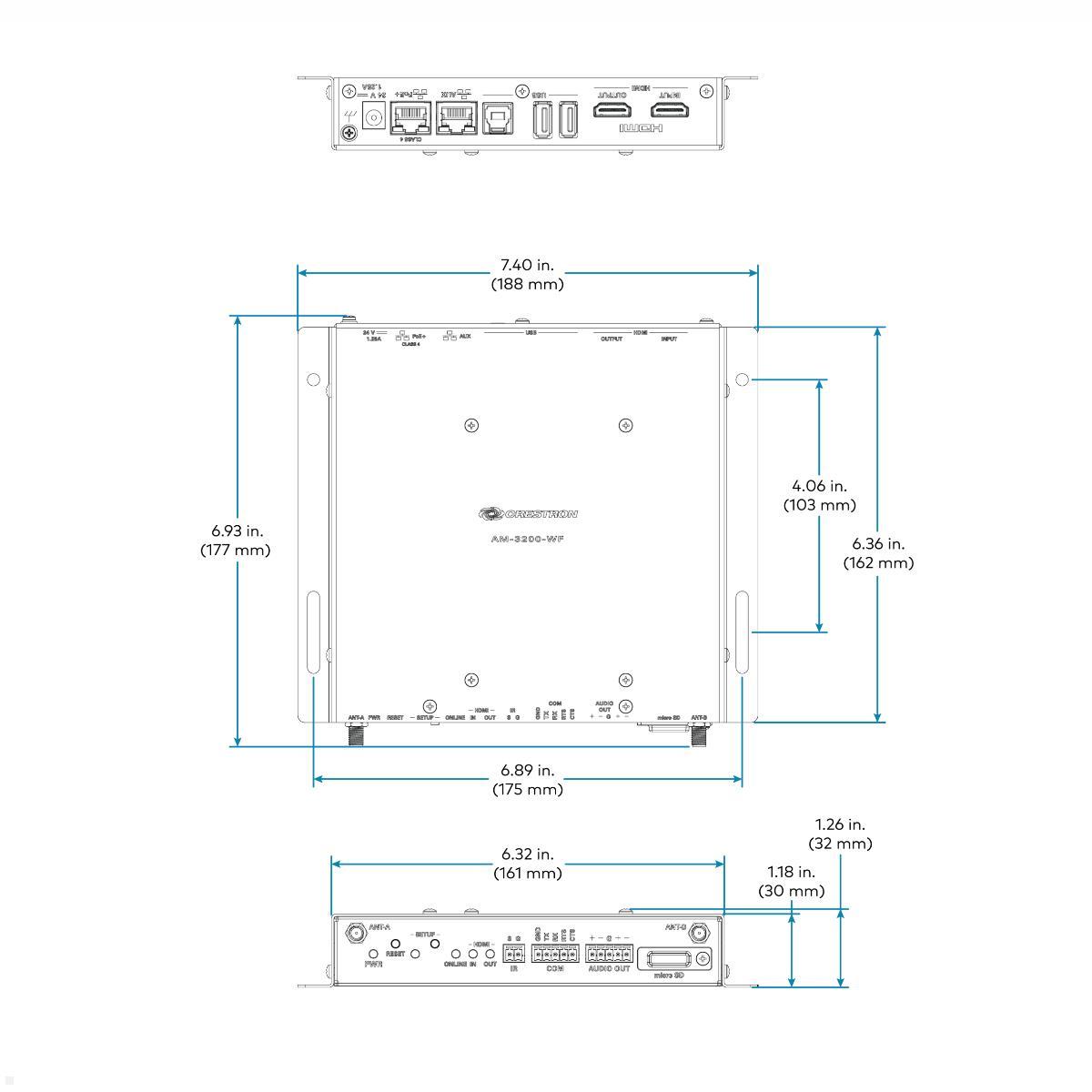 Crestron AirMedia Empfänger 3200 mit WLAN-Netzwerkverbindung (AM-3200-WF-I), Abmessungen Crestron AirMedia Empfänger 3200 mit WLAN-Netzwerkverbindung (AM-3200-WF-I), Abmessungen