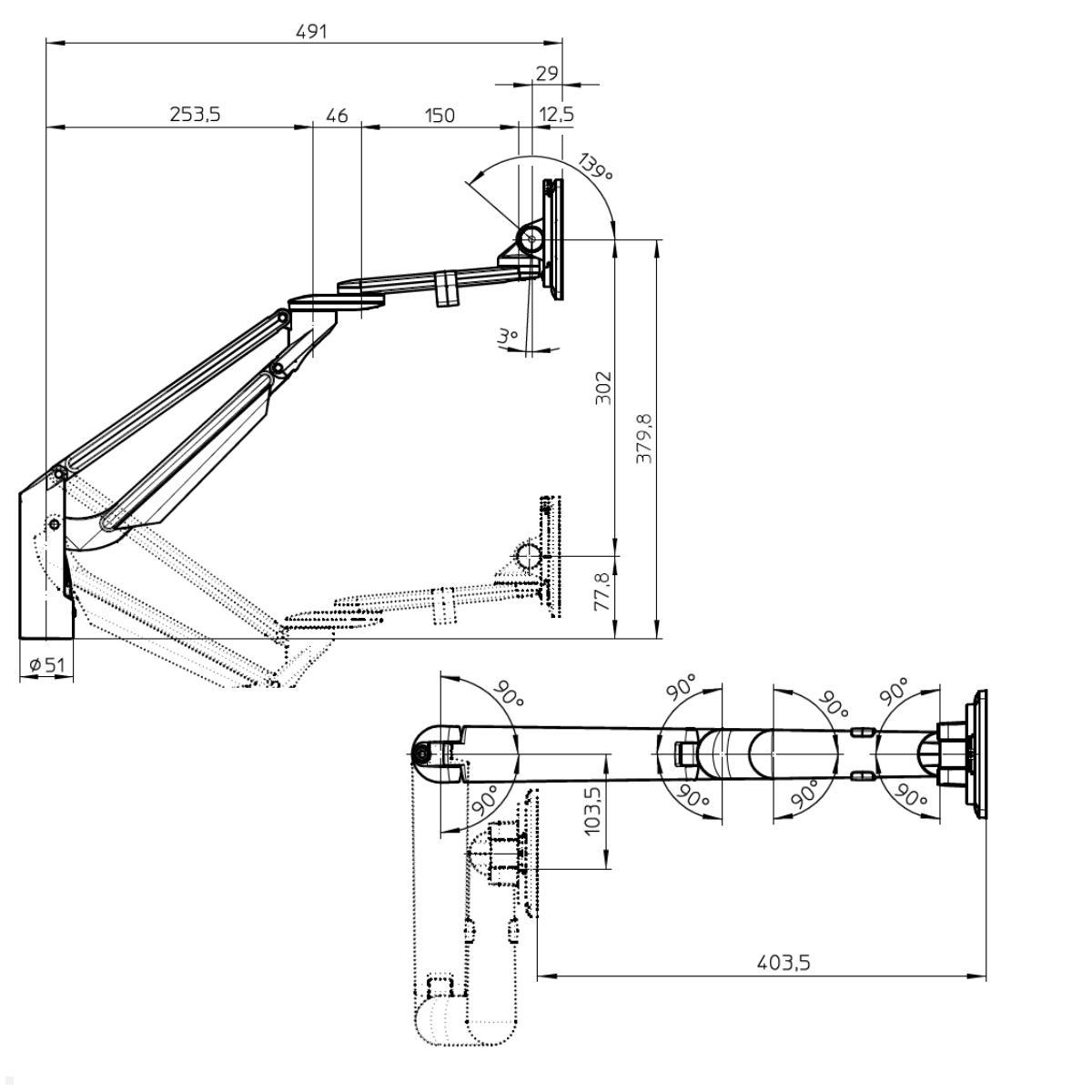 Novus Clu Plus Slatwall Monitorhalterung schwenkbar, silber (991+3009+001), VESA Schwenkarm Orga-Wand