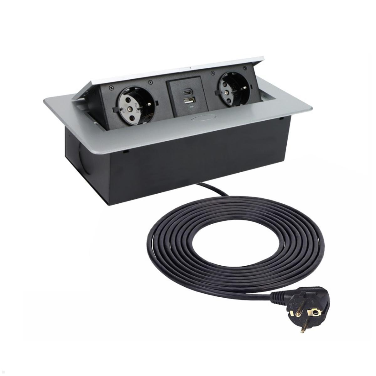 TecLines TES009S 2-fach Einbausteckdose mit USB A/C Charger, 3m Kabel, silber TecLines TES009S 2-fach Einbausteckdose mit USB A/C Charger, 3m Kabel, silber