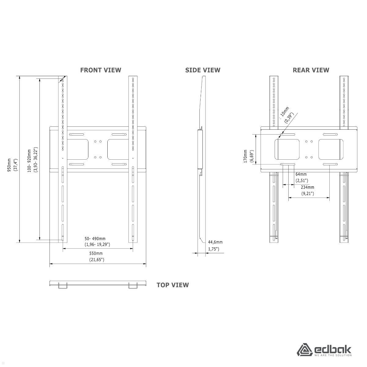 Edbak Monitor Wandhalterung, Hochformat, VESA 400x800, 65 - 86 Zoll, schwarz (TWB3c-B) Maße
