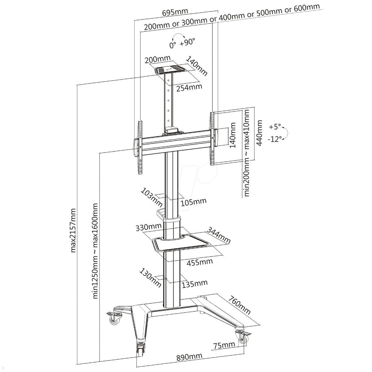 PureMounts PDS-0003C TV Ständer mit Rollen + Ablagen bis 70 Zoll technische Zeichnung PureMounts PDS-0003C TV Ständer mit Rollen + Ablagen bis 70 Zoll technische Zeichnung