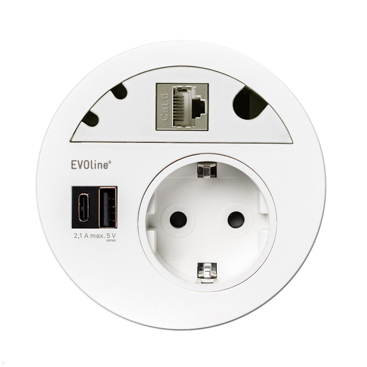 EVOline Circle80 Einbausteckdose mit USB-Doppelcharger A/C, Blende CAT6A, weiß EVOline Circle80 Einbausteckdose mit USB-Doppelcharger A/C, Blende CAT6A, weiß