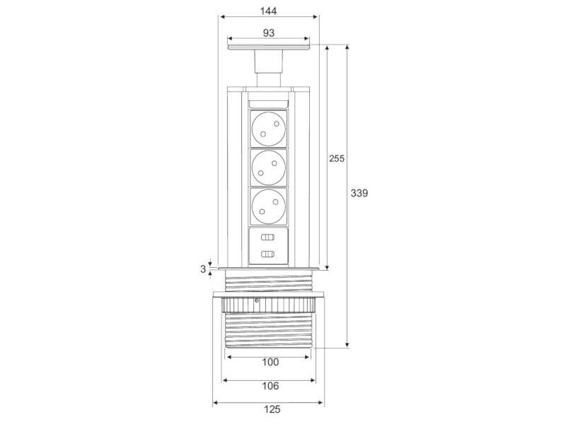 TecLines TVS001 versenkbare Steckdosenleiste 339mm, 3x Steckdose, 2x USB  Maße TecLines TVS001 versenkbare Steckdosenleiste 339mm, 3x Steckdose, 2x USB  Maße