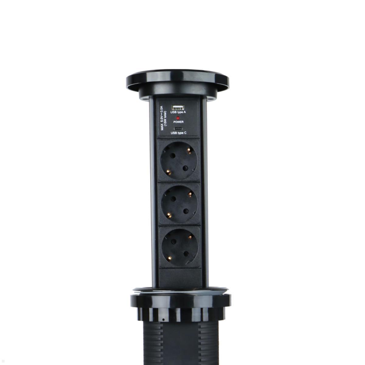 TecLines TVS006B versenkbare 3-fach Steckdosenleiste mit USB A/C Anschlüsse