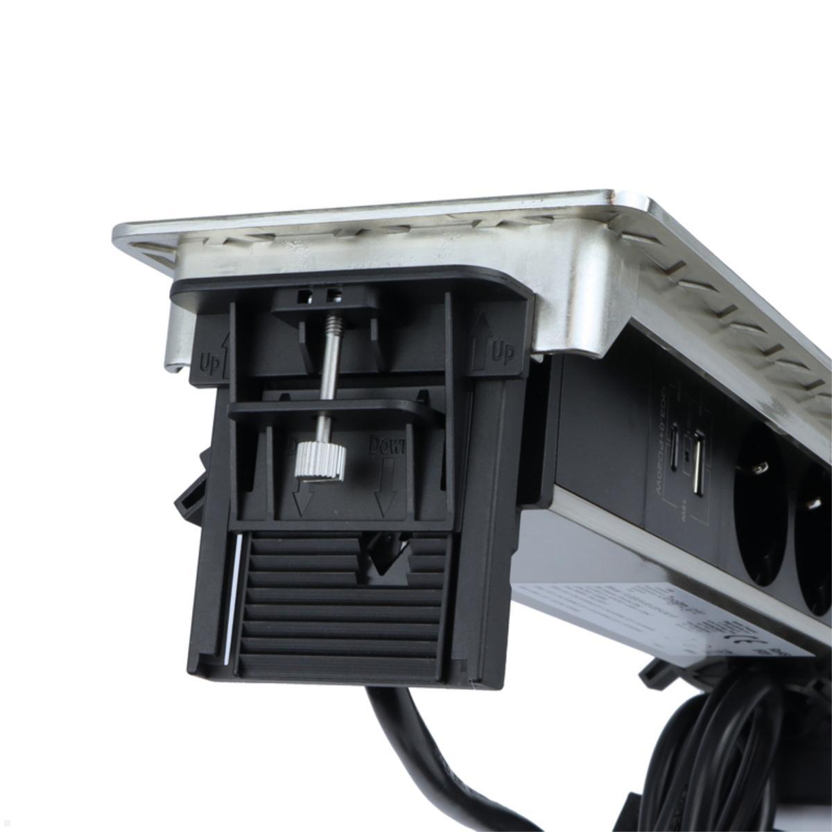 TecLines TES021E 3-fach Einbausteckdose mit USB A+C, Edelstahl, Aluminium Gehäuse gebürstet