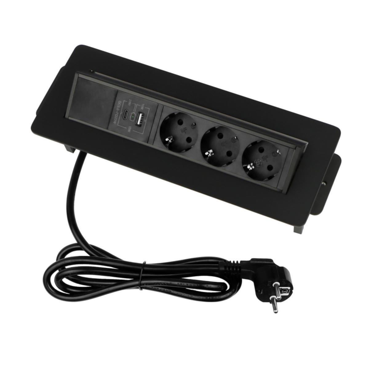 TecLines TES021B 3-fach Einbausteckdose mit USB A+C, schwarz, Möbelsteckdose flacher Einbau