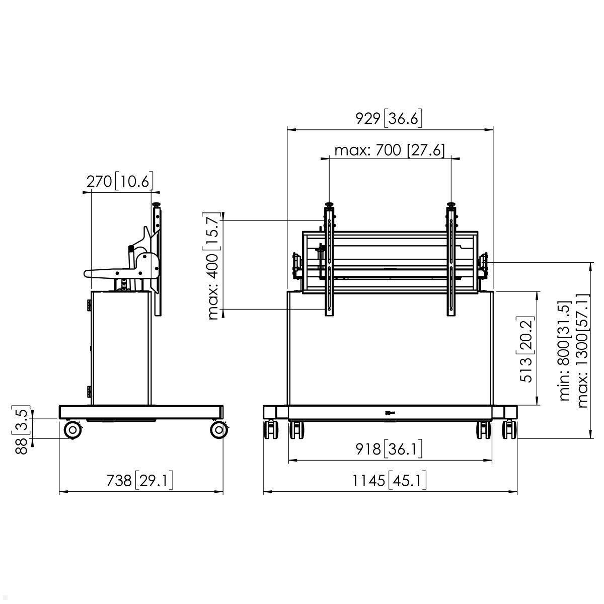 vogels-pfte-7121-elektrischer-touchtisch-auf-rollen-mit-schrank, Zeichnung Maße