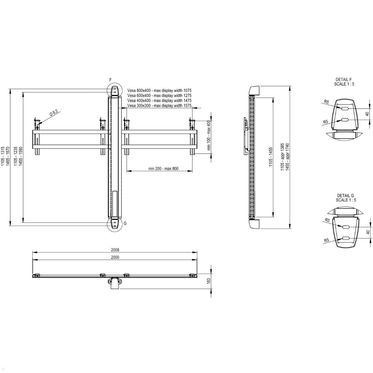 SMS Flatscreen X WH 1105 Video-Konferenz Wandhalterung (PD081010-P0), technische Zeichnung