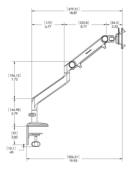 Humanscale M2 Lite Durchschraub Tischhalterung M2BSES Maße