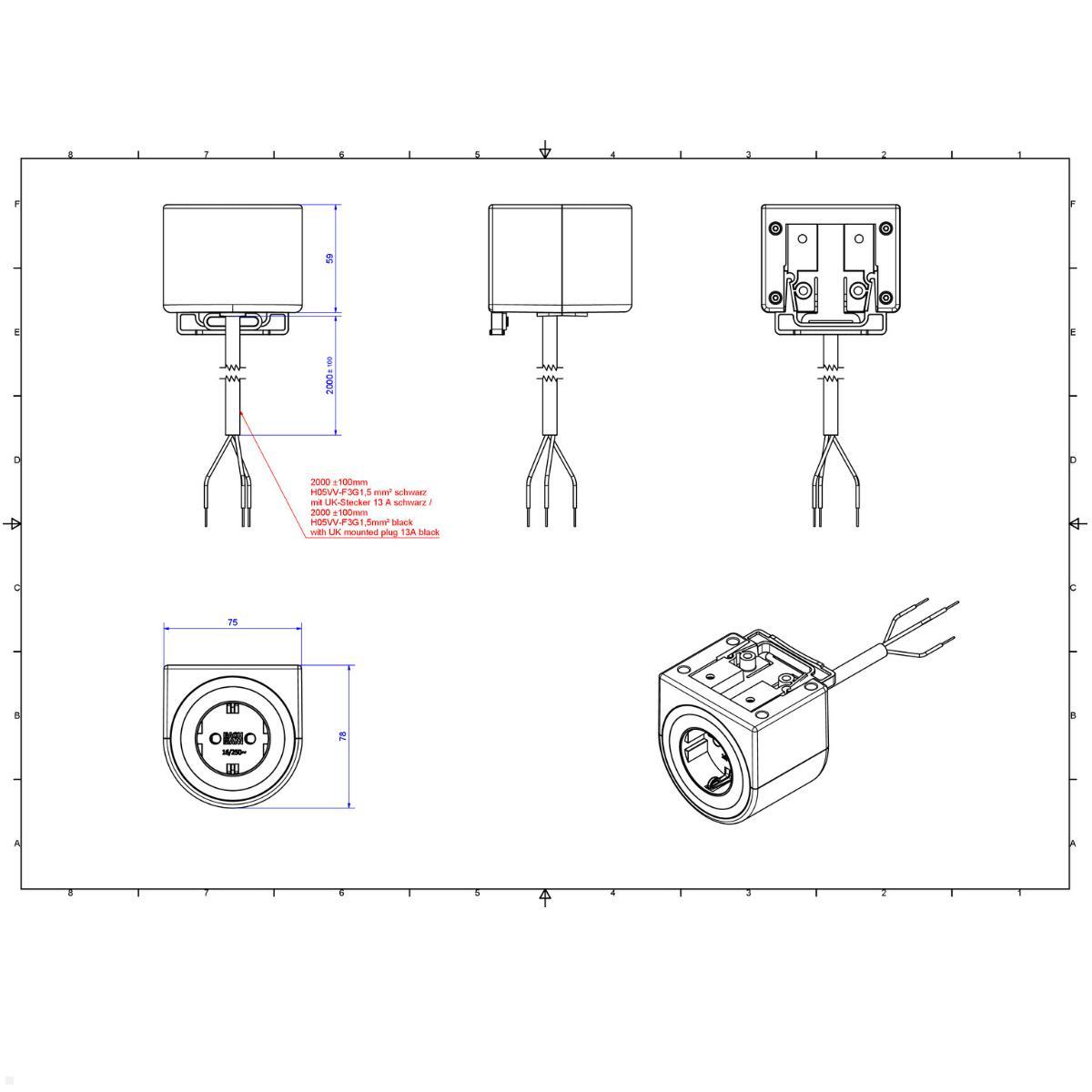 Bachmann PIX HOLDER SINGLE Steckdose für Möbel mit 1x CEE7/3, 2m Zuleitung (BM0020082), Befestigung ohne Ausschnitt