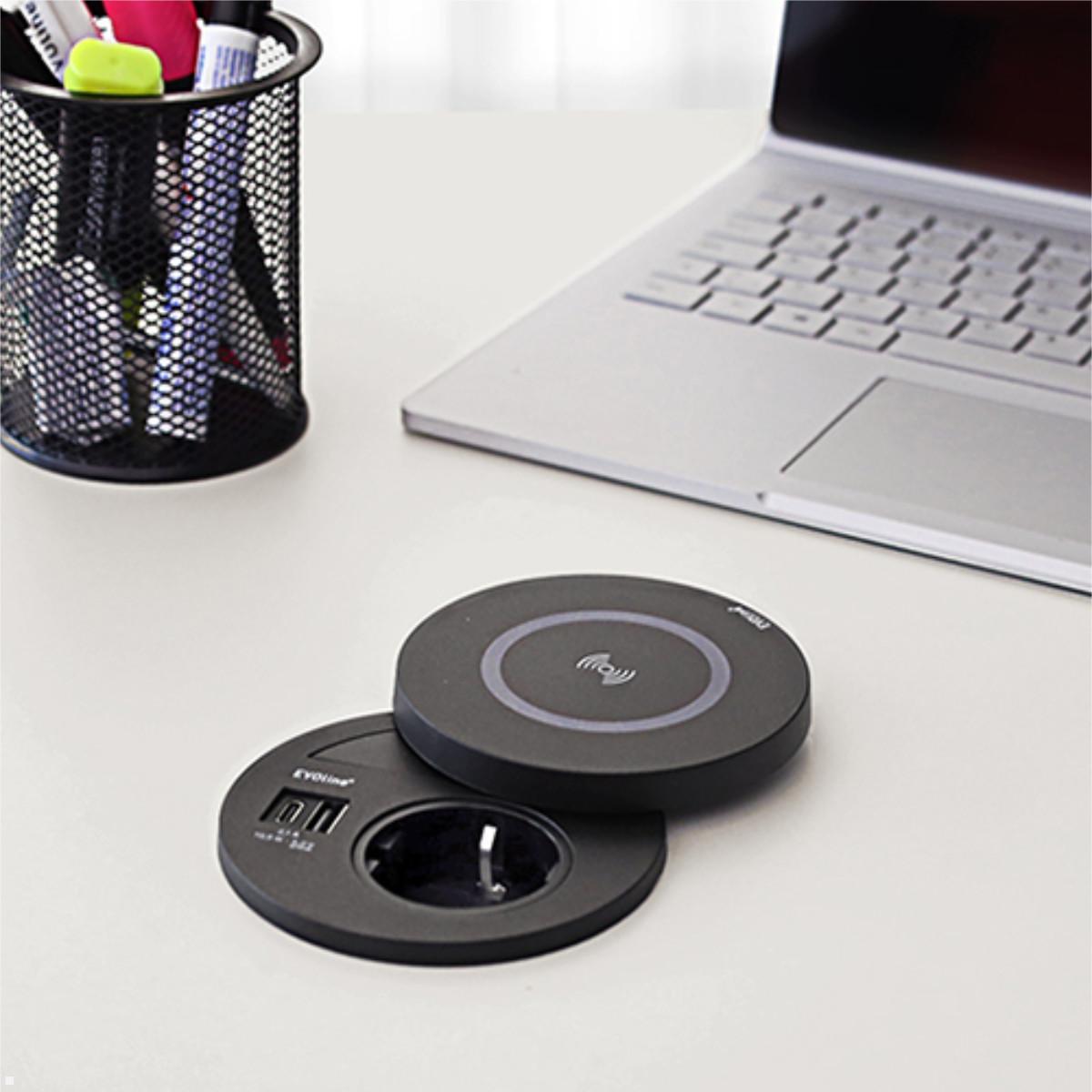 EVOline Circle80 Einbausteckdose mit USB-Charger C/C und DisQ Induktion-Charger, Anwendung EVOline Circle80 Einbausteckdose mit USB-Charger C/C und DisQ Induktion-Charger, Anwendung