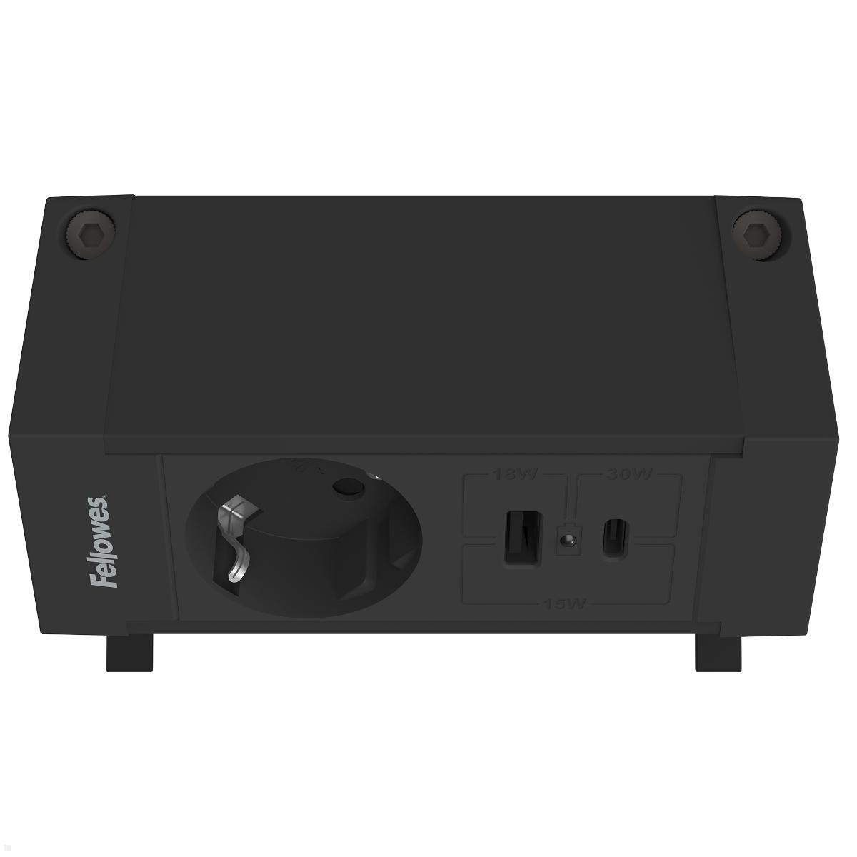 Fellowes Power Desk Up 2.0 Tischsteckdose mit USB-A und USB-C Charger, Ansicht von schräg oben