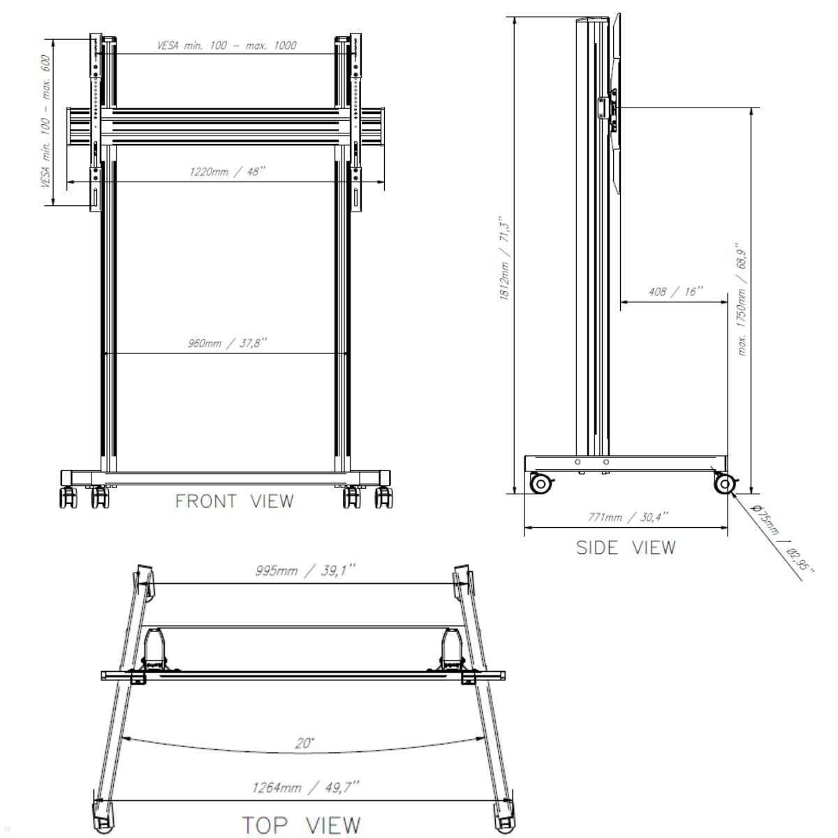 Edbak TRE200 höhenverstellbarer Displaywagen mit Rollen 75 bis 105 Zoll, schwarz, mobiler Monitorständer