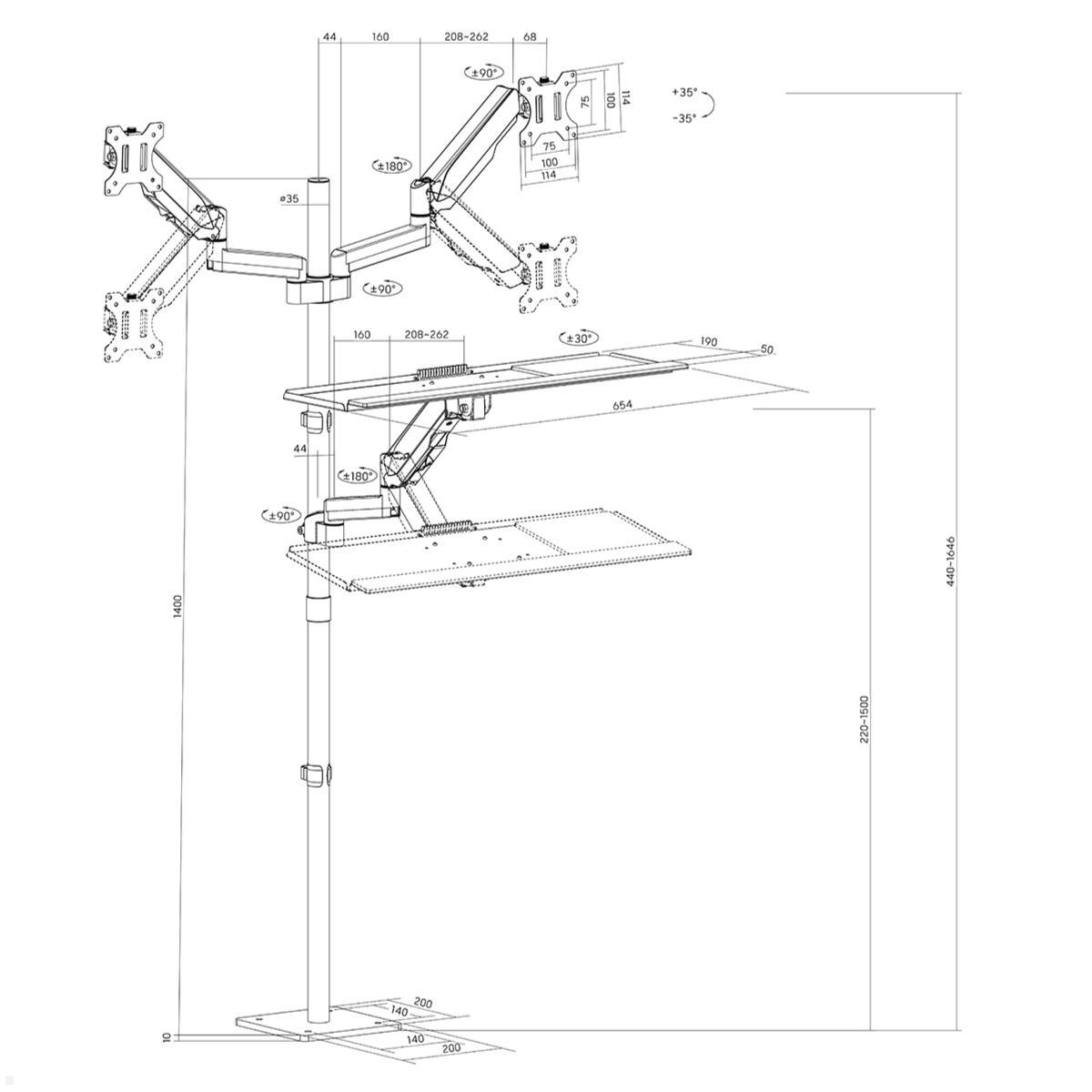 MonLines MBS020B dual Monitor Bodenstandfuß anschraubbar mit Tastaturhalterung, Maße