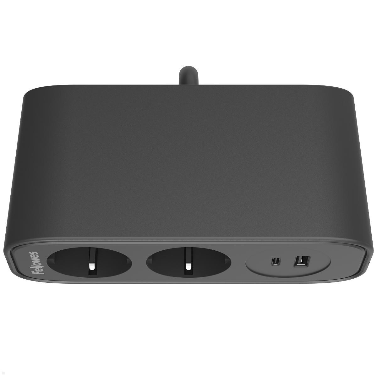 Fellowes Power Desk Up EP65 Tischsteckdose mit 2x Steckdose, 1x USB-A/C Charger, Draufsicht