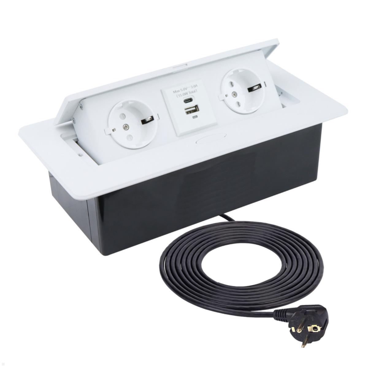 TecLines TES009W 2-fach Einbausteckdose mit USB A/C Charger, 3m Kabel, weiß, versenkbare Möbelsteckdose