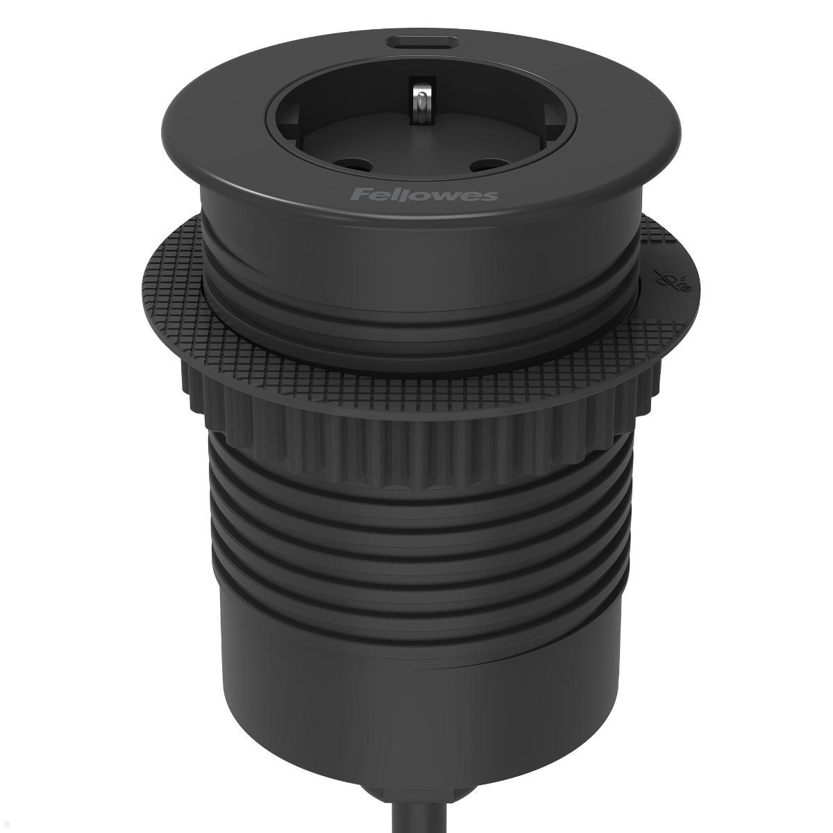 Fellowes Power-Spot Push Einbausteckdose mit USB-C Charger 30W, ausgefahren, schwarz