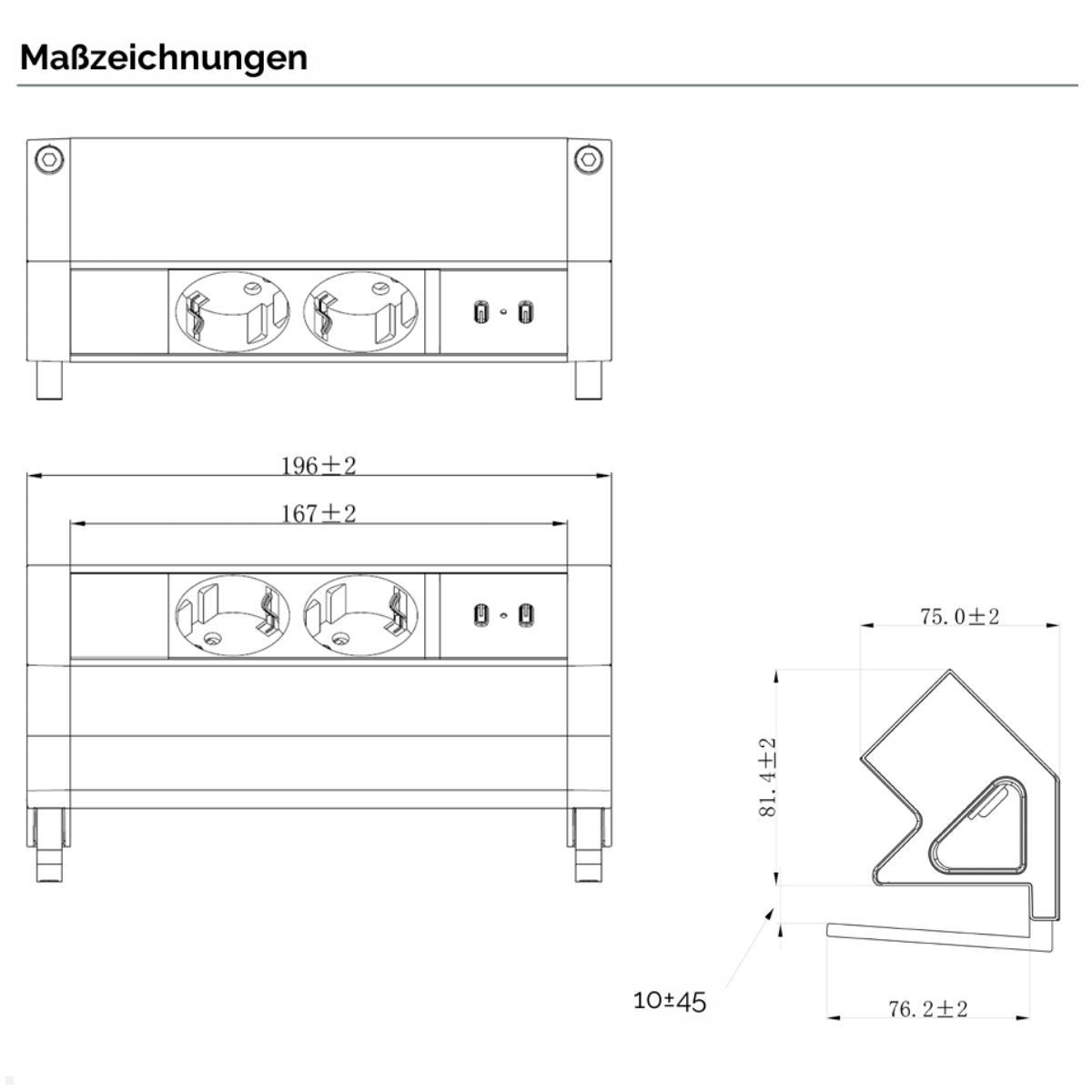 Fellowes Power Desk Up 2.0 Tischsteckdose mit 2x Steckdose, 2x USB-C Charger, Maße
