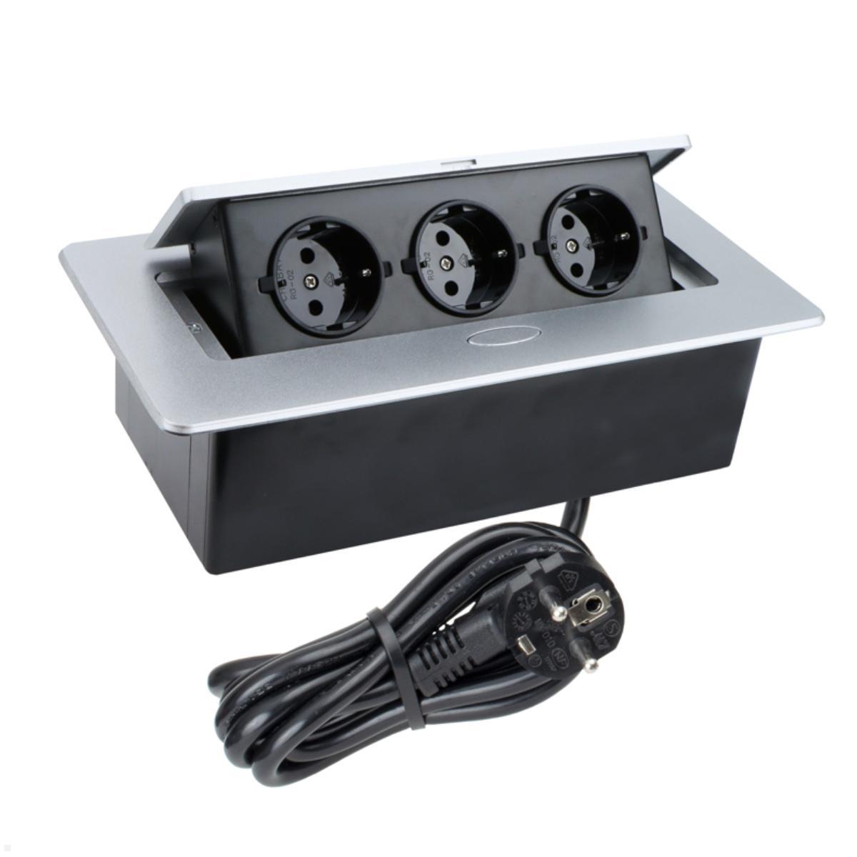 TecLines TES011S 3-fach Einbausteckdose mit 3m Kabel, silber TecLines TES011S 3-fach Einbausteckdose mit 3m Kabel, silber