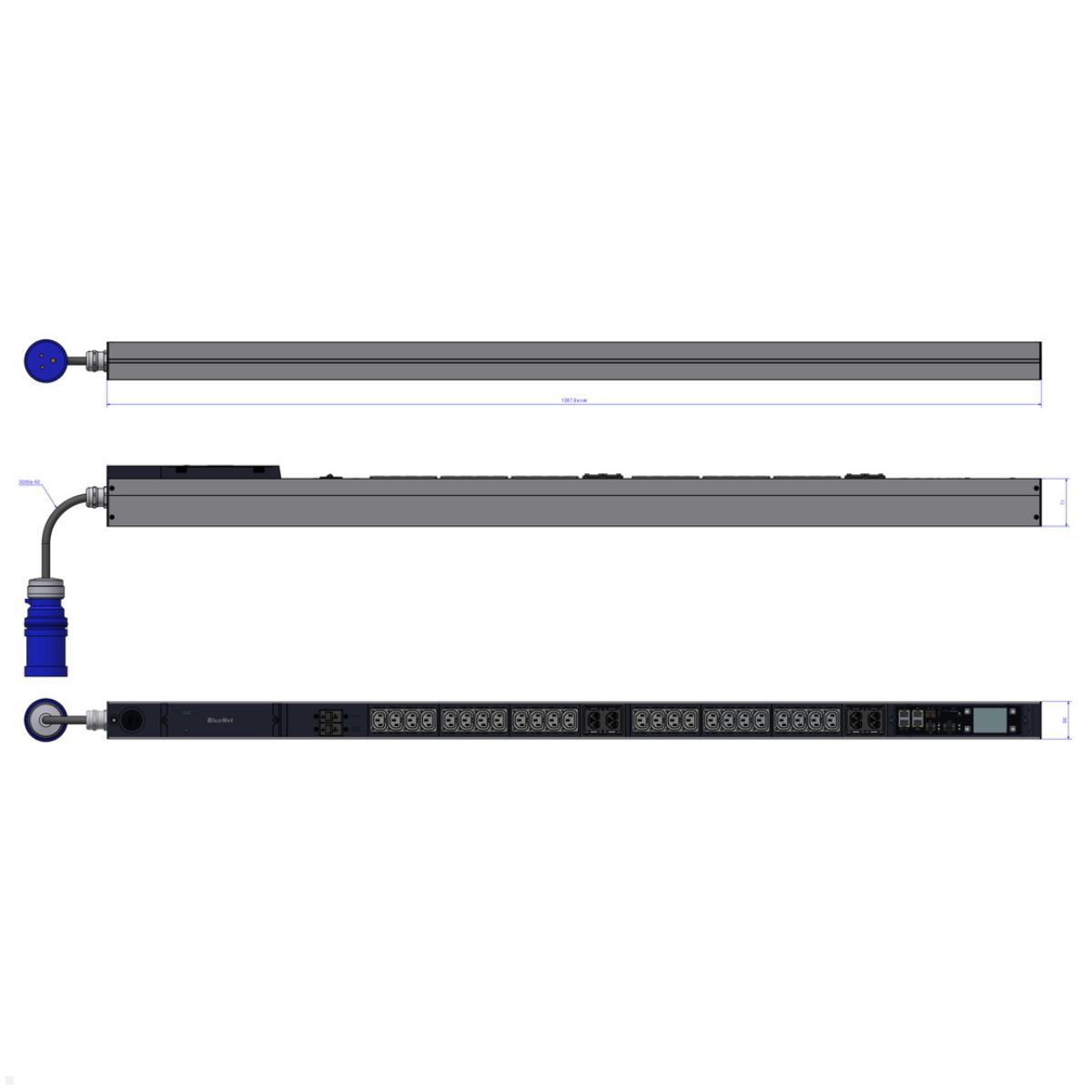 Bachmann BN PRO Metered + – 24xC13 / 4xCombo / 2xMCB, 3,0m CEE 32A/3p (BM0024754), CEE 32A blau