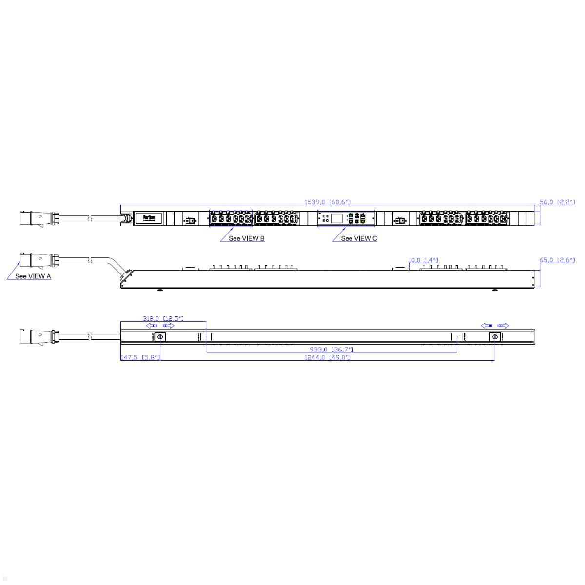 Legrand Raritan iX Rack-PDU 0U mit 12xHDOT C13 / 12xCx, 1-phasig 230V 32A, Outlet Metered/Switched (PX4-5161-E7), 0U vertikale Stromverteilung