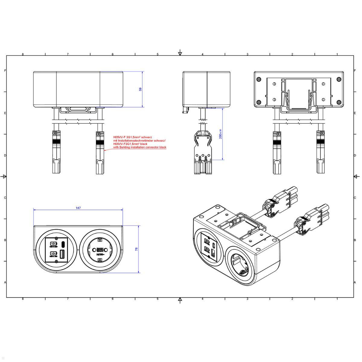 Bachmann PIX HOLDER DOUBLE Steckdose für Möbel mit 1x CEE7/3, 1x CM, 1x USB A/C, 0,2m GST18 (BM0020104), Anschlussfeld Lounge
