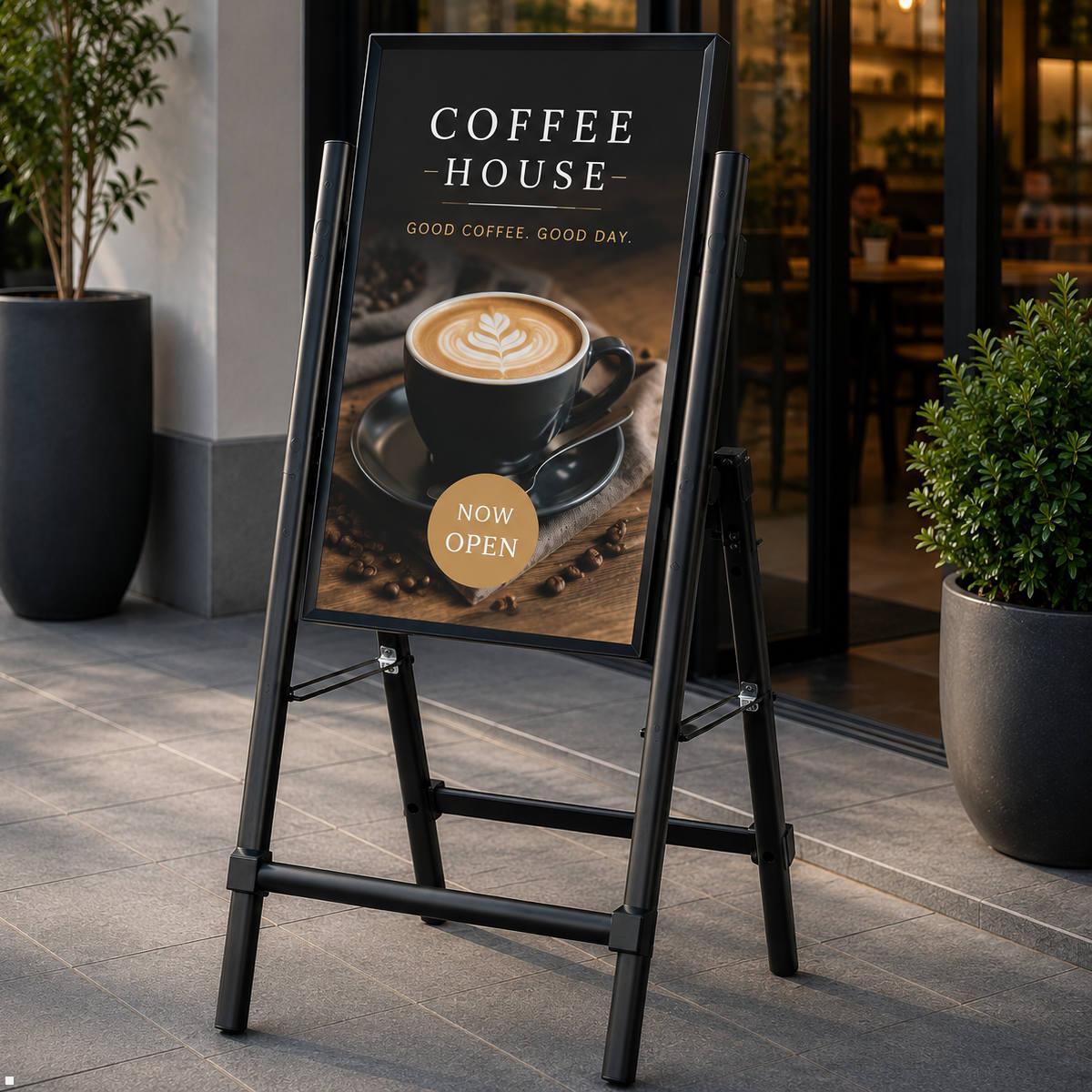 MonLines MBS021 Digital Signage Stand – Mobiler Kundenstopper für Displays bis 55 Zoll, Anwendungsbeispiel