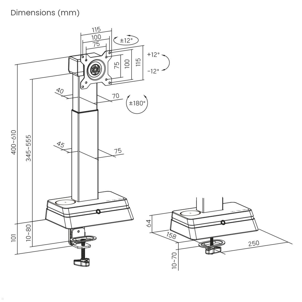 MonLines MTH020B Monitor Tischhalterung elektrisch 17 - 32 Zoll, schwarz, Maße
