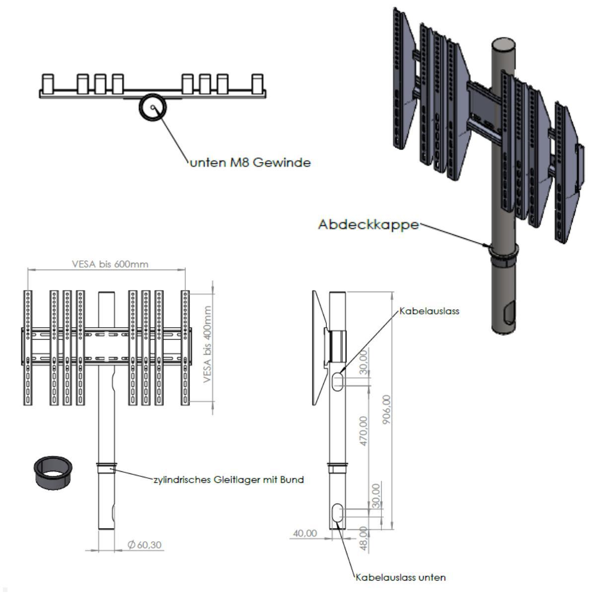 MonLines Einbau TV Halterung drehbar mit Säule für Sideboard, VESA Halterung