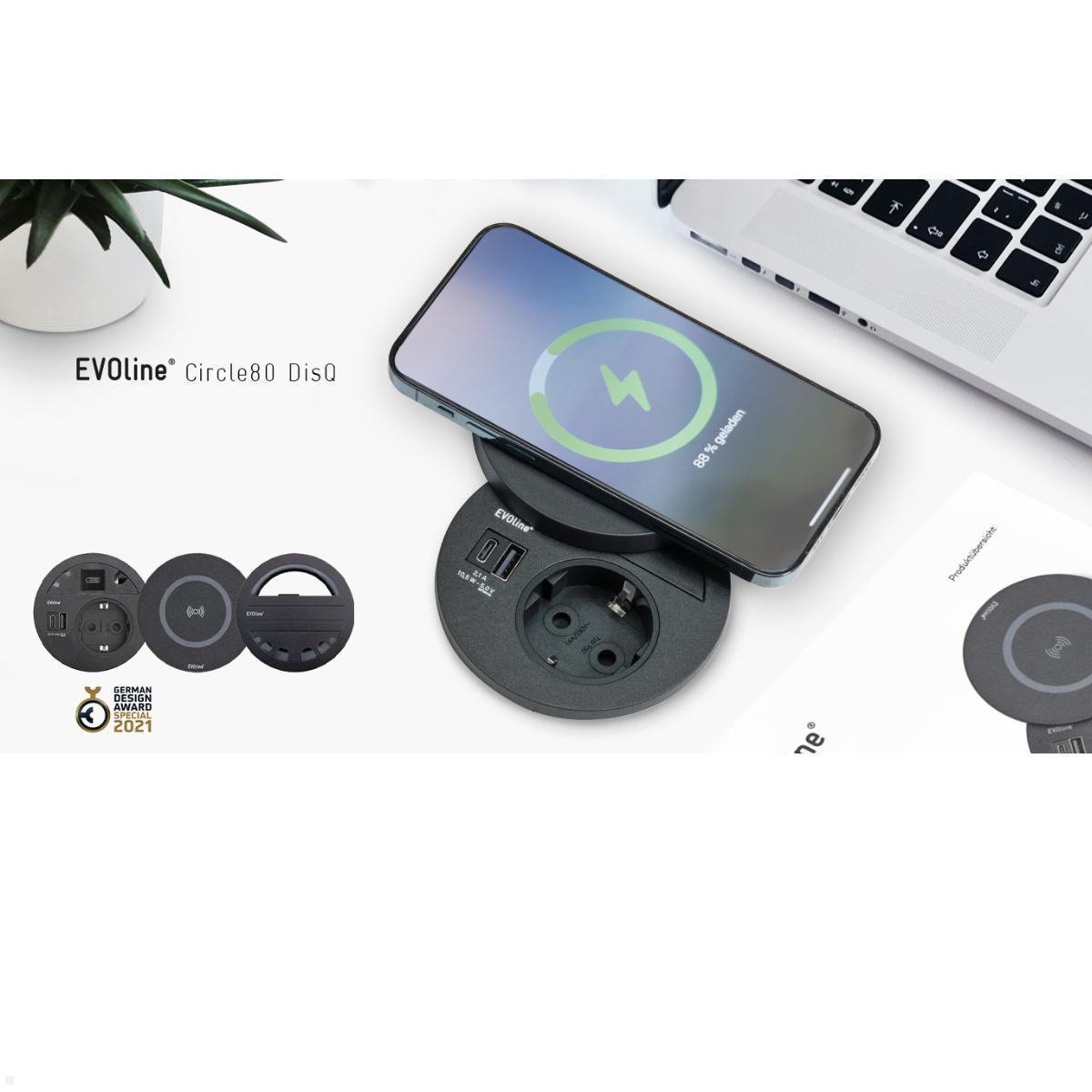 EVOline Circle80 Einbausteckdose mit USB-Charger C/C und DisQ Induktion-Charger, Anwendung EVOline Circle80 Einbausteckdose mit USB-Charger C/C und DisQ Induktion-Charger, Anwendung