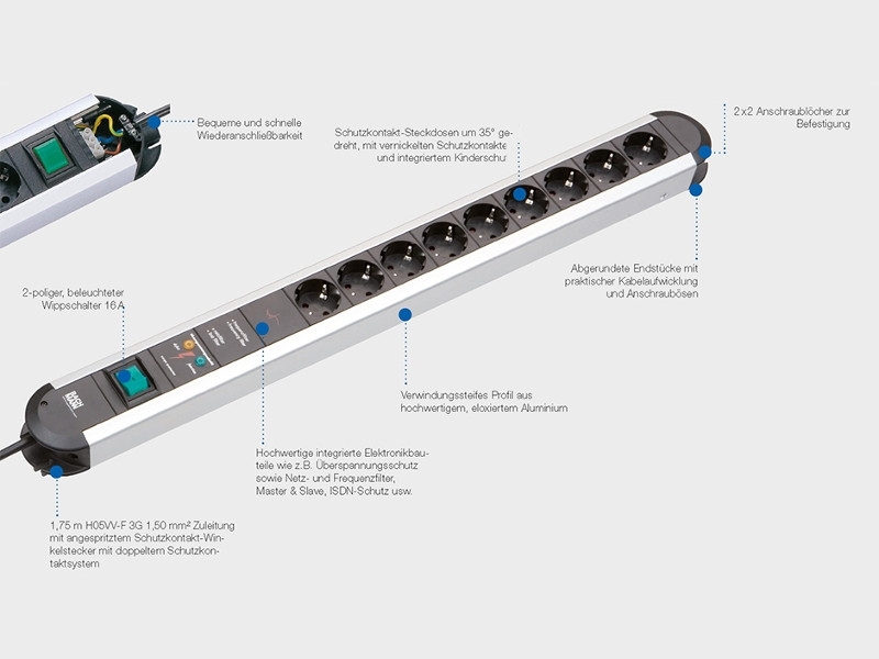 Bachmann PRIMO 8x Steckdose 1x USB 1x Schalter Zuleitung 2m (331.154) Funktionen Bachmann PRIMO 8x Steckdose 1x USB 1x Schalter Zuleitung 2m (331.154) Funktionen