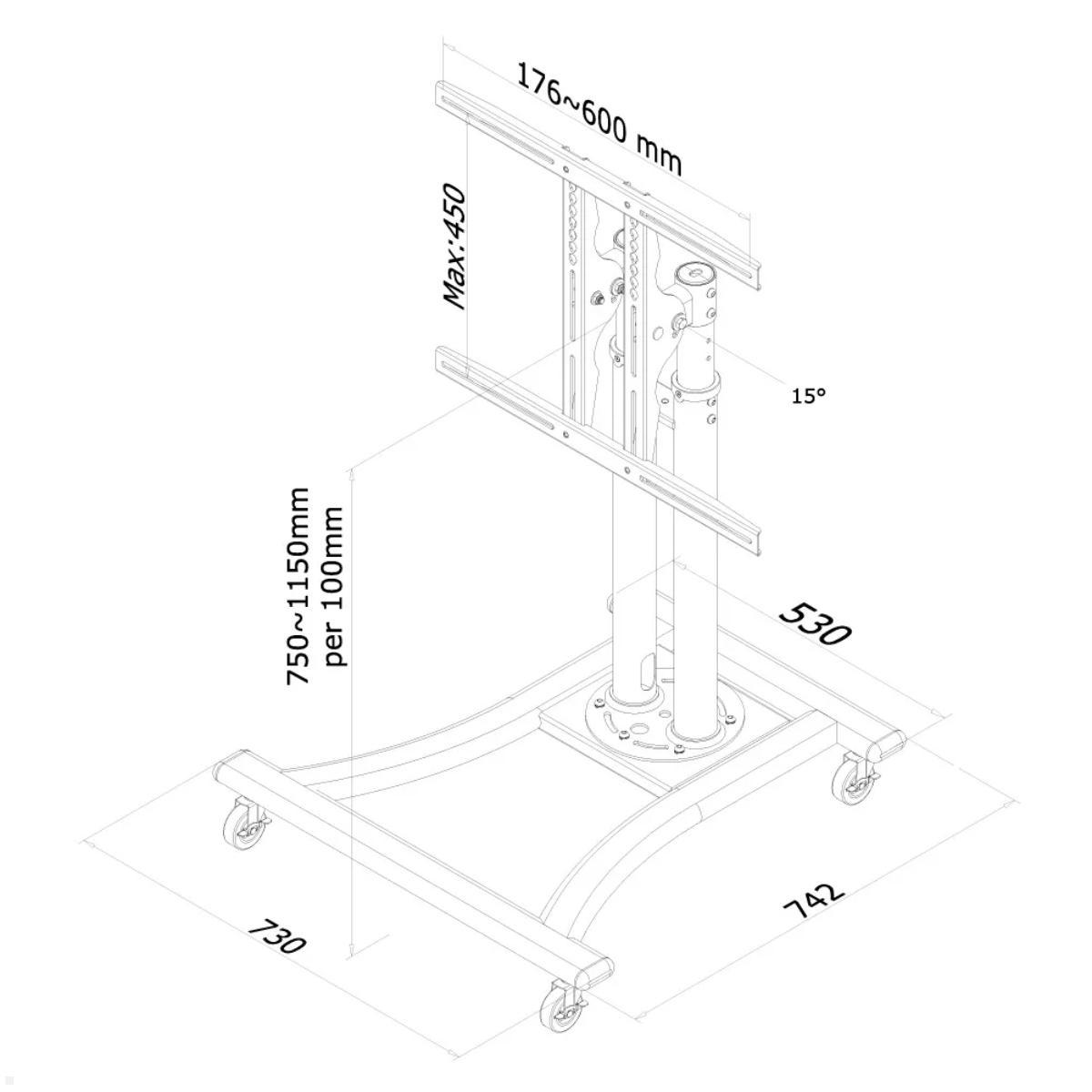 Neomounts PLASMA-M1200 mobiler Display Bodenständer bis 70 Zoll, Zeichnung Maße Neomounts PLASMA-M1200 mobiler Display Bodenständer bis 70 Zoll, Zeichnung Maße