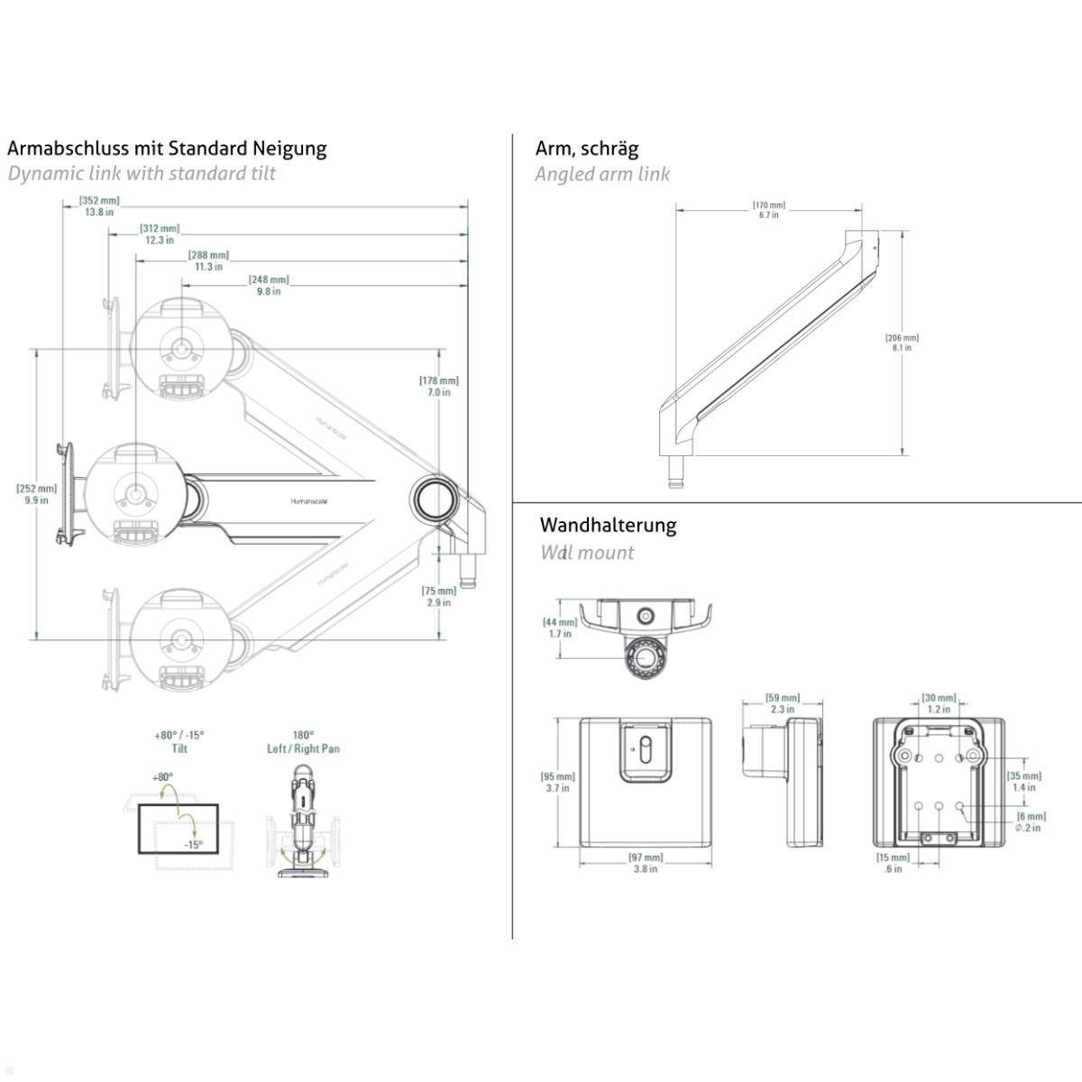 Humanscale M2.1 Laptop Wandhalterung mit Schwenkarm schräg, weiß, technische Zeichnung
