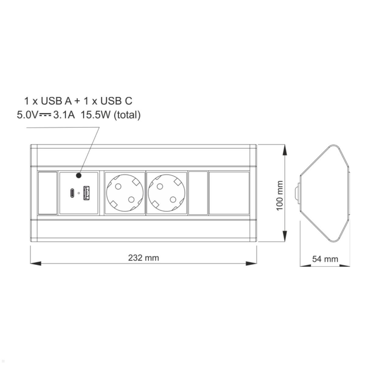 TecLines TAS003 2-fach Ecksteckdose mit 2x USB A+C Charger, Maße