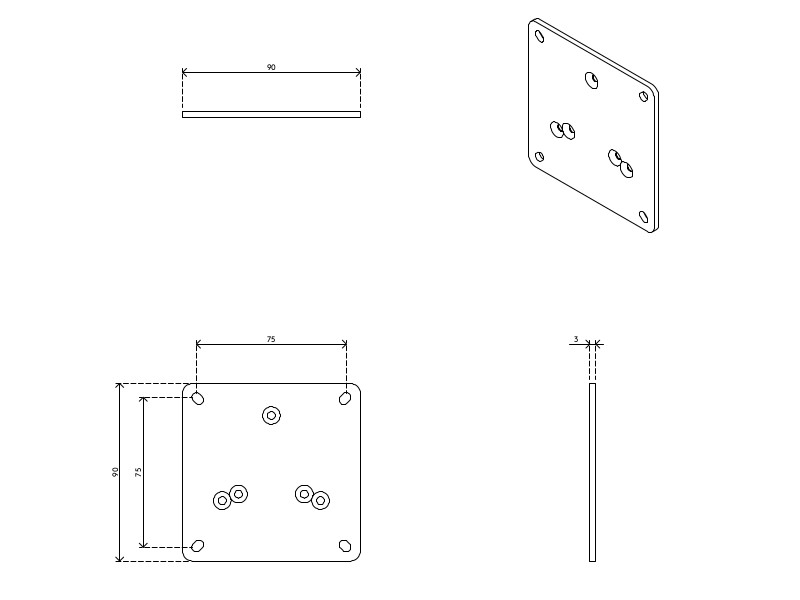 Dataflex 53.983 Viewmaster VESA Adapterplatte 75x75 auf 100x100mm Zeichnung