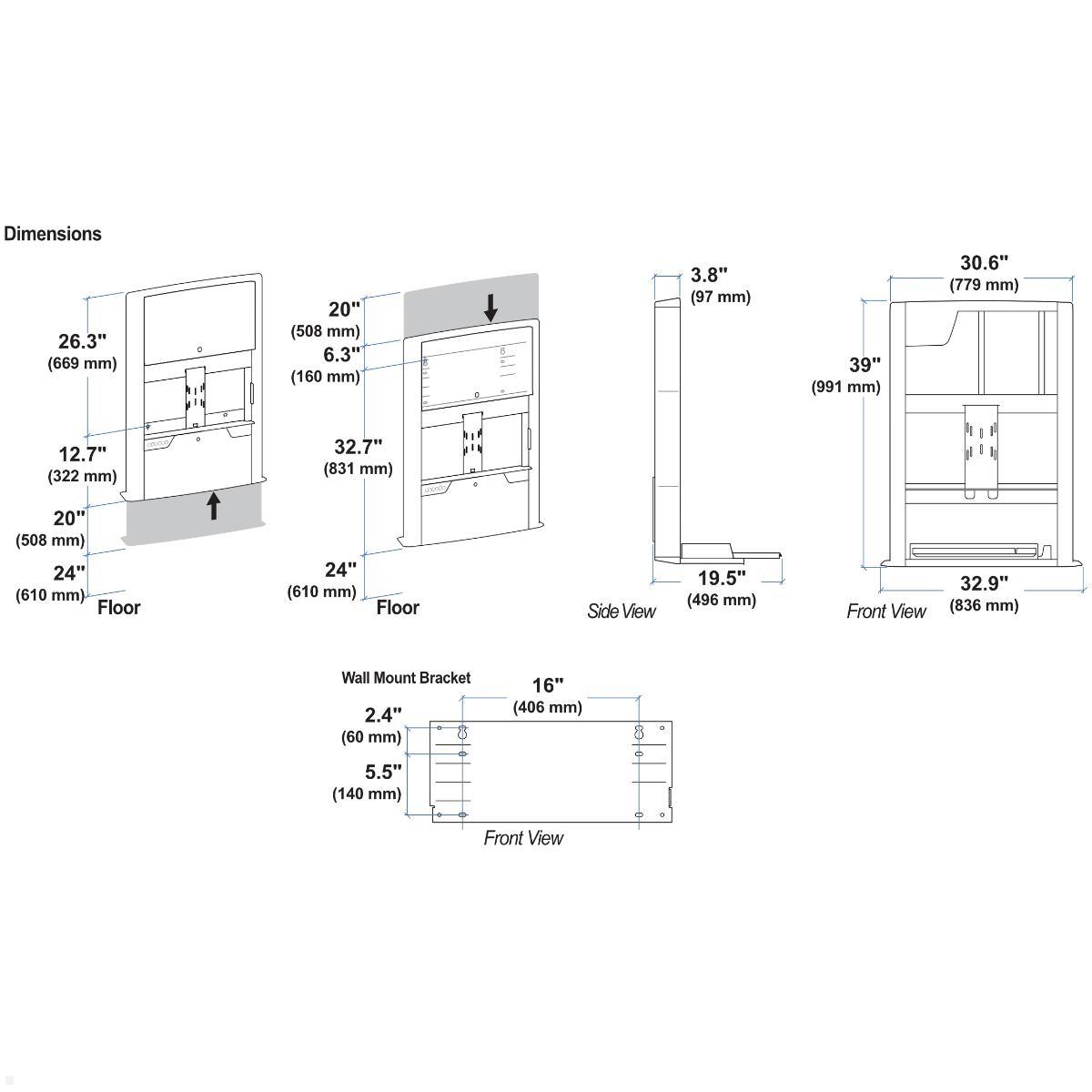 Ergotron CareFit PC Wandarbeitsplatz mit Gehäuse, weiß (61-367-030), technische Zeichnung Ergotron CareFit PC Wandarbeitsplatz mit Gehäuse, weiß (61-367-030), technische Zeichnung
