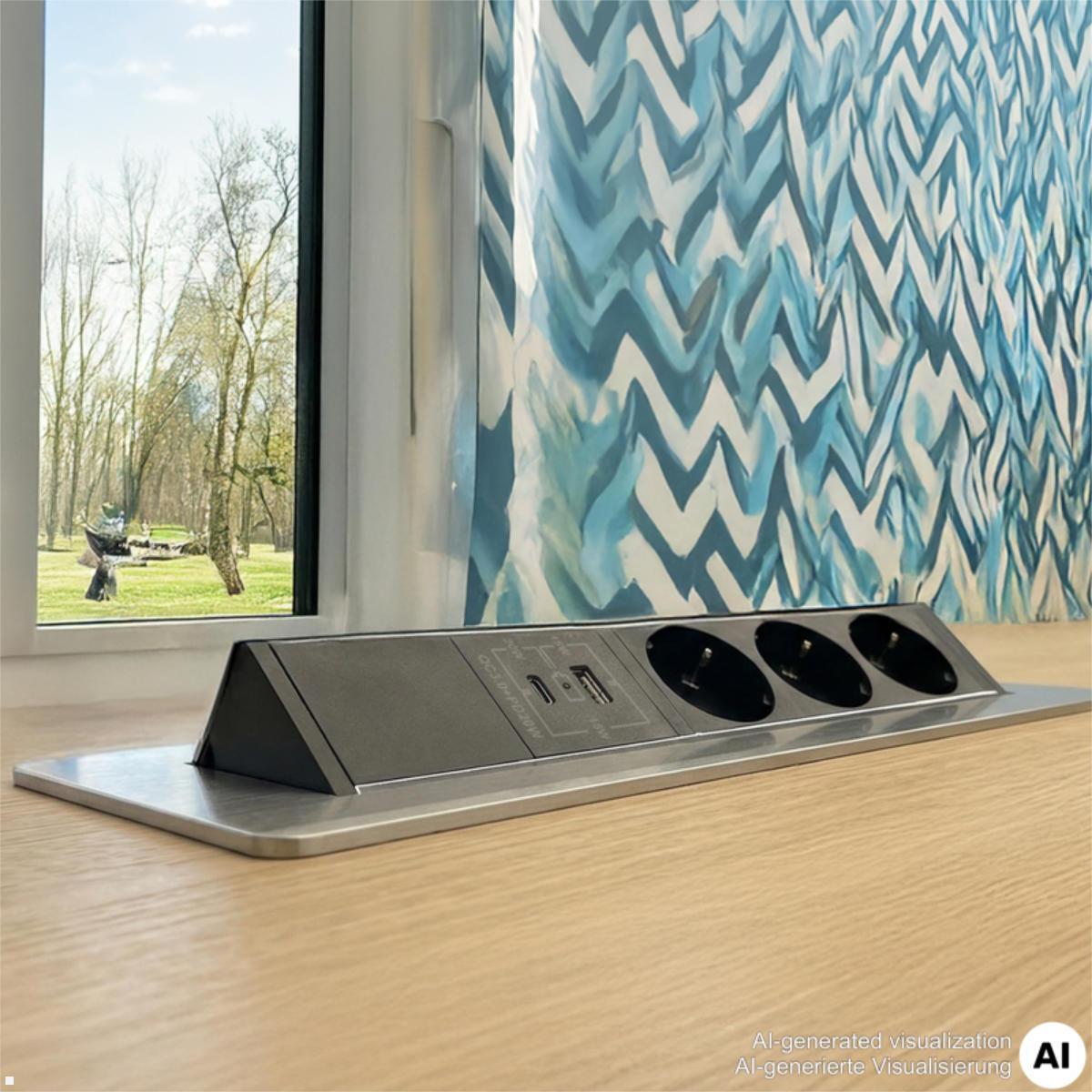 TecLines TES021E 3-fach Einbausteckdose mit USB A+C, Edelstahl, Stromkabel mit Eurostecker